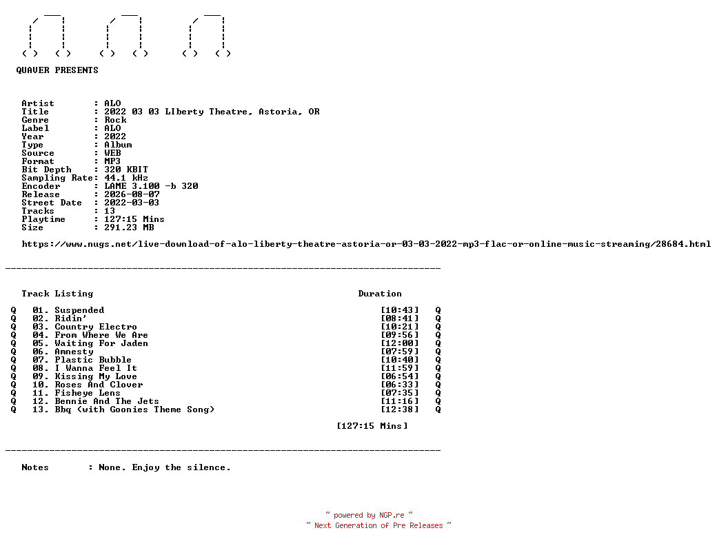 NFO for the release ALO-2022_03_03_LIberty_Theatre_Astoria_OR-WEB-2022-QUAVER by QUAVER
