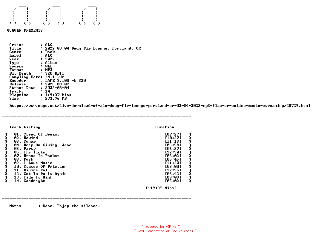 NFO for the release ALO-2022_03_04_Doug_Fir_Lounge_Portland_OR-WEB-2022-QUAVER by QUAVER