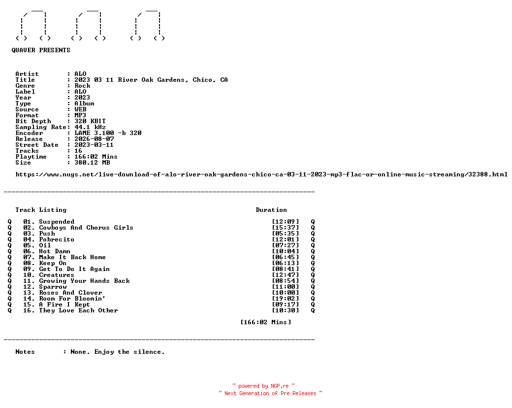 NFO for the release ALO-2023_03_11_River_Oak_Gardens_Chico_CA-WEB-2023-QUAVER by QUAVER