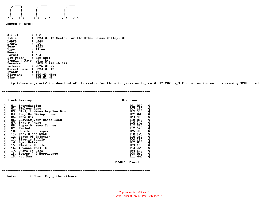 NFO for the release ALO-2023_03_12_Center_For_The_Arts_Grass_Valley_CA-WEB-2023-QUAVER by QUAVER