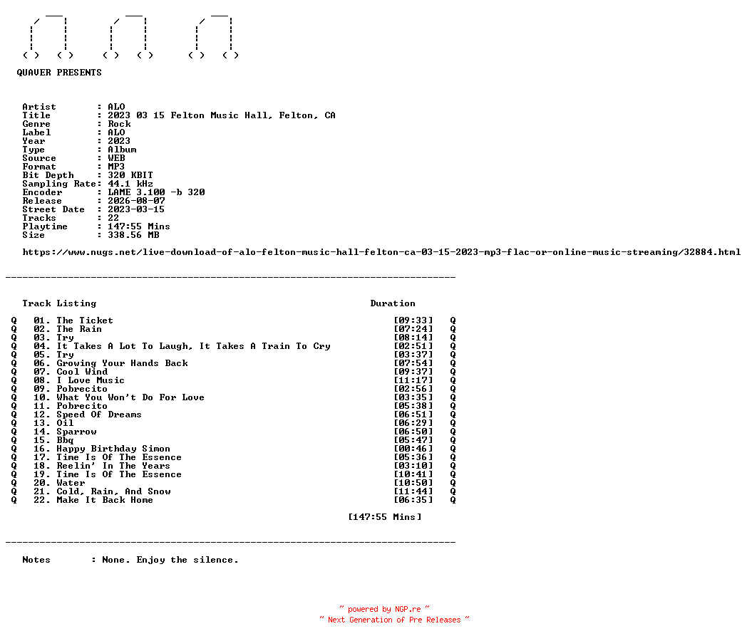 NFO for the release ALO-2023_03_15_Felton_Music_Hall_Felton_CA-WEB-2023-QUAVER by QUAVER