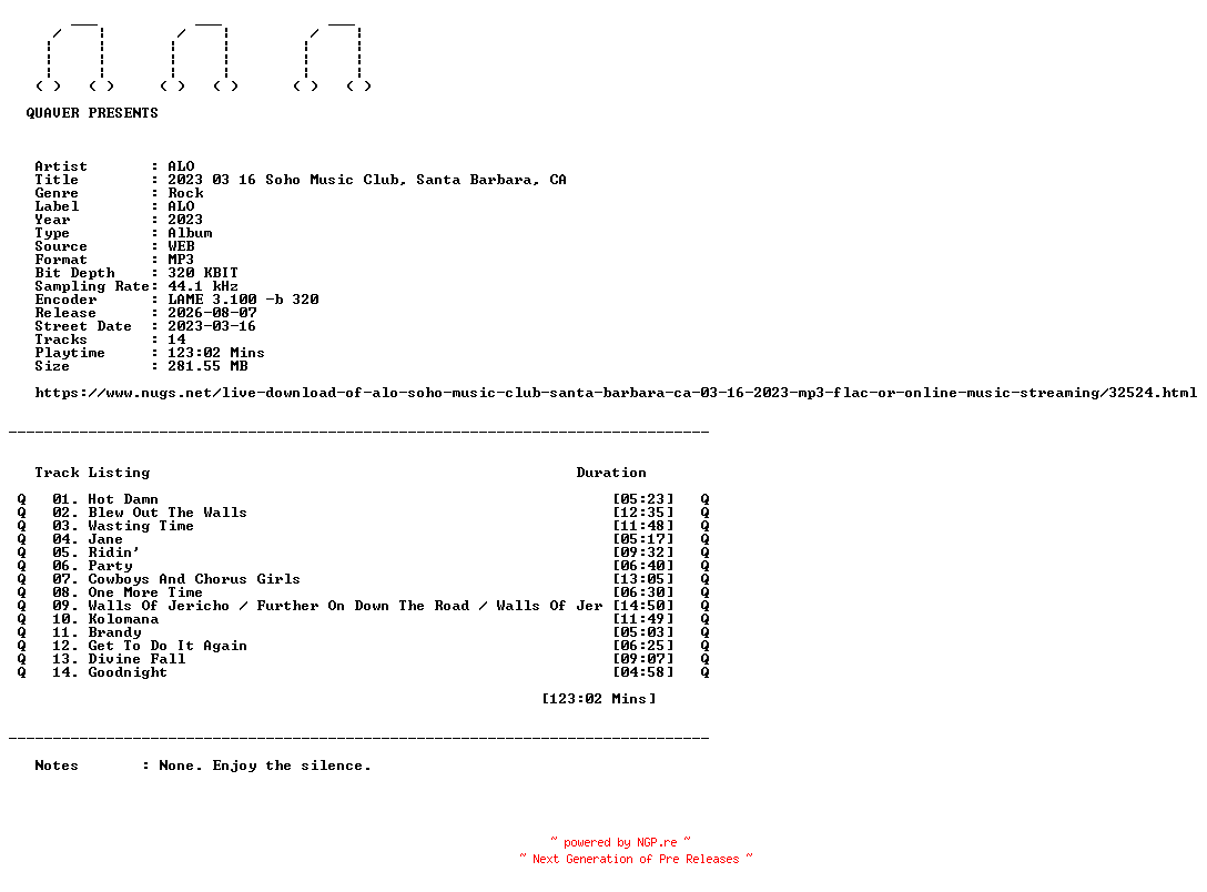 NFO for the release ALO-2023_03_16_Soho_Music_Club_Santa_Barbara_CA-WEB-2023-QUAVER by QUAVER