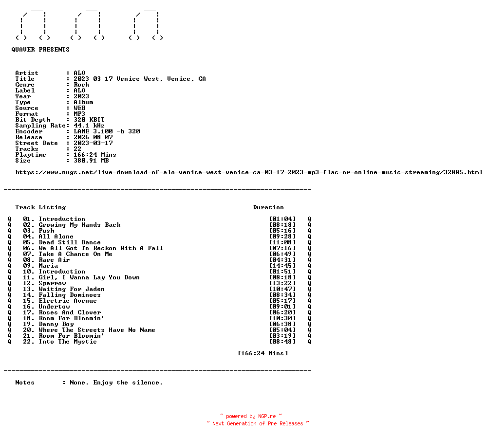 NFO for the release ALO-2023_03_17_Venice_West_Venice_CA-WEB-2023-QUAVER by QUAVER