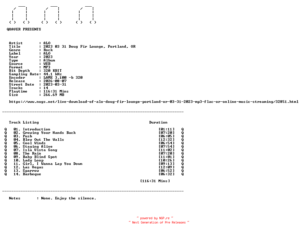 NFO for the release ALO-2023_03_31_Doug_Fir_Lounge_Portland_OR-WEB-2023-QUAVER by QUAVER