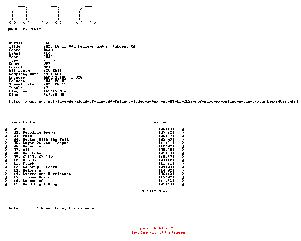 NFO for the release ALO-2023_08_11_Odd_Fellows_Lodge_Auburn_CA-WEB-2023-QUAVER by QUAVER