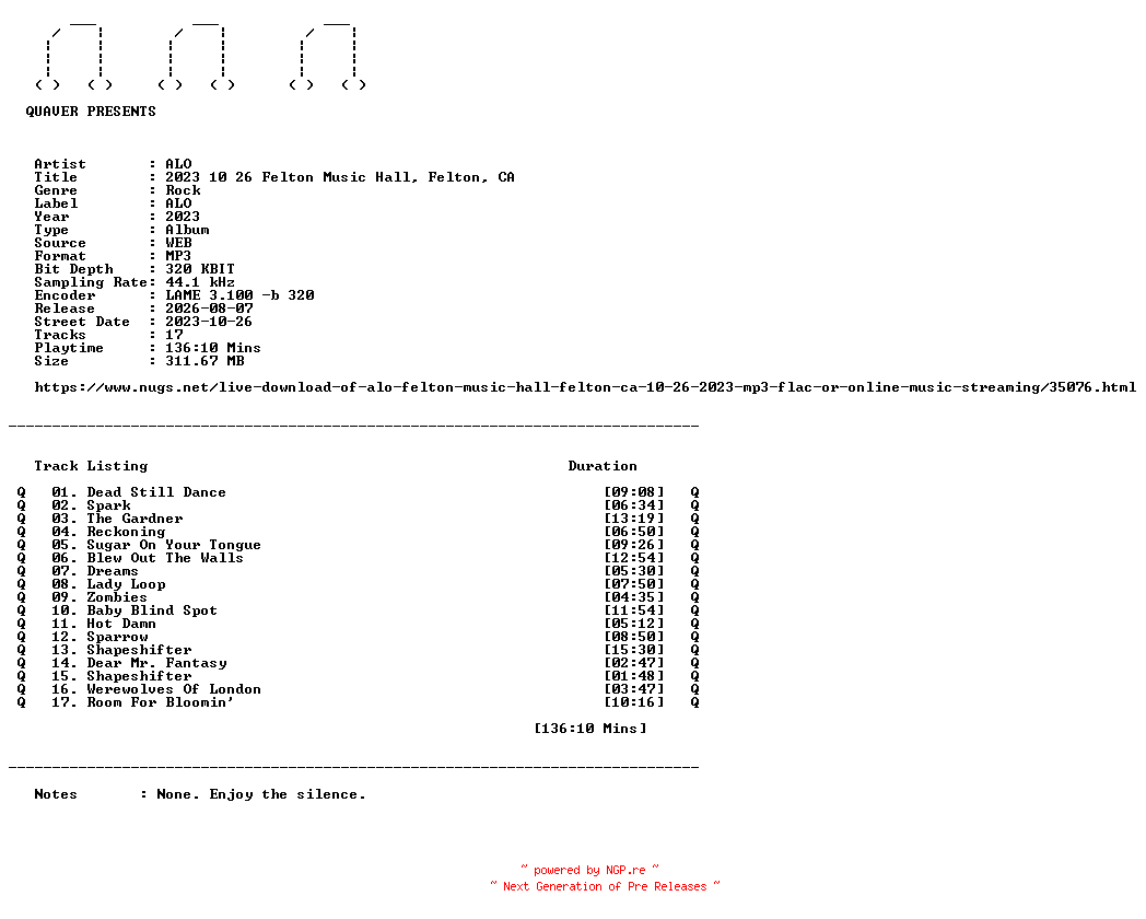 NFO for the release ALO-2023_10_26_Felton_Music_Hall_Felton_CA-WEB-2023-QUAVER by QUAVER