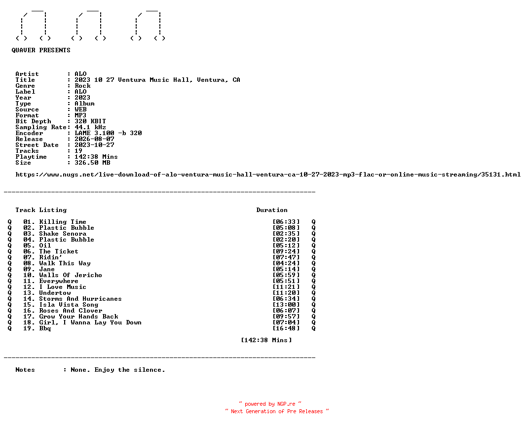 NFO for the release ALO-2023_10_27_Ventura_Music_Hall_Ventura_CA-WEB-2023-QUAVER by QUAVER