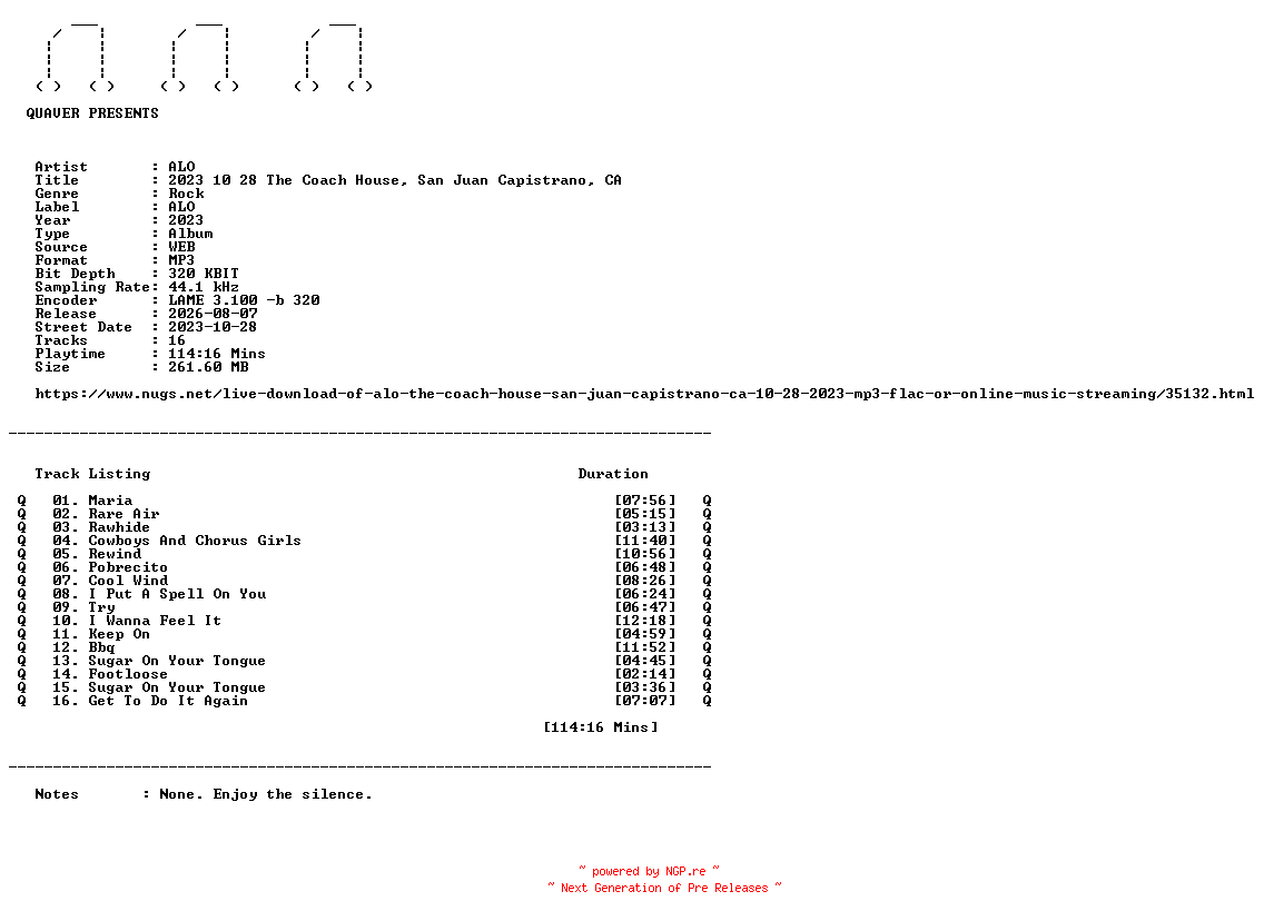 NFO for the release ALO-2023_10_28_The_Coach_House_San_Juan_Capistrano_CA-WEB-2023-QUAVER by QUAVER