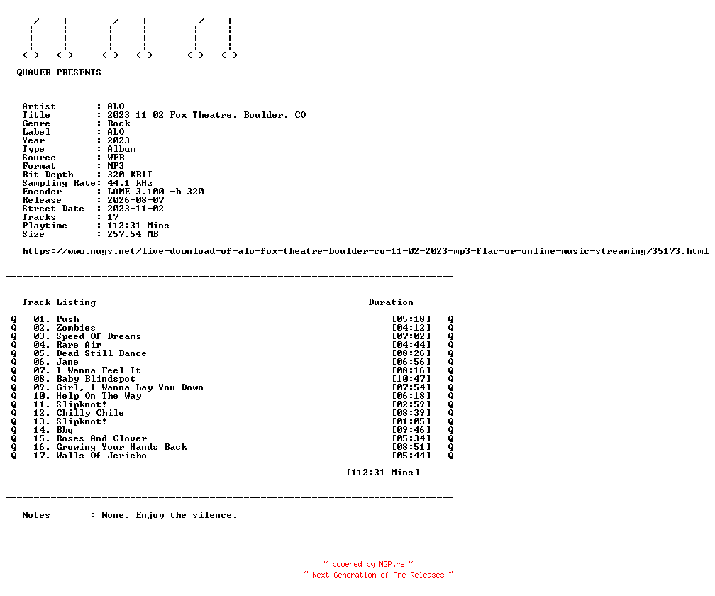 NFO for the release ALO-2023_11_02_Fox_Theatre_Boulder_CO-WEB-2023-QUAVER by QUAVER