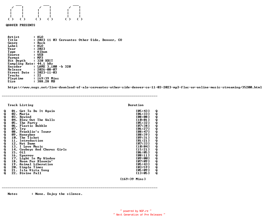 NFO for the release ALO-2023_11_03_Cervantes_Other_Side_Denver_CO-WEB-2023-QUAVER by QUAVER