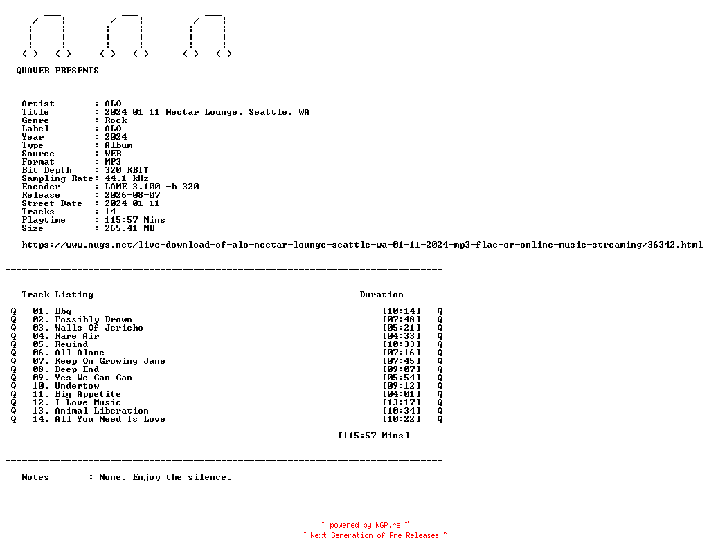 NFO for the release ALO-2024_01_11_Nectar_Lounge_Seattle_WA-WEB-2024-QUAVER by QUAVER