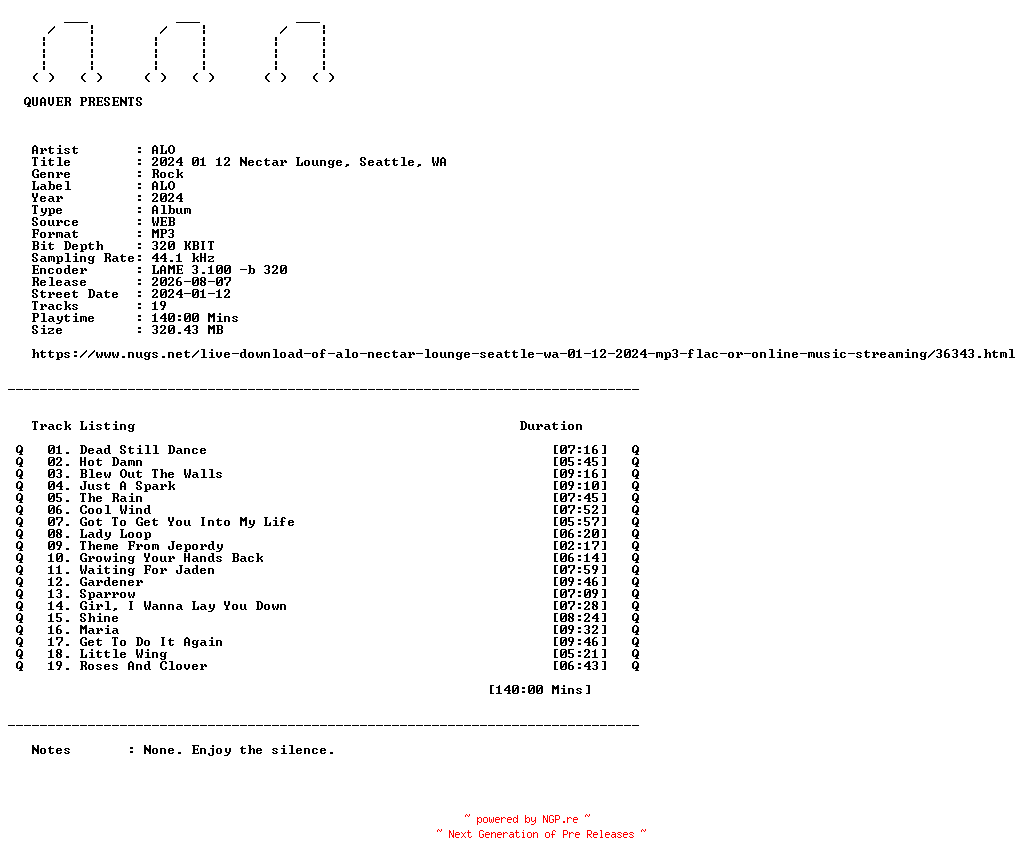 NFO for the release ALO-2024_01_12_Nectar_Lounge_Seattle_WA-WEB-2024-QUAVER by QUAVER