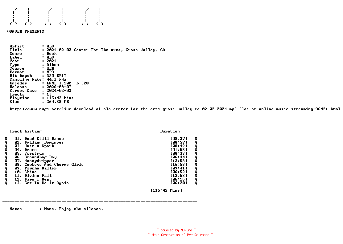 NFO for the release ALO-2024_02_02_Center_For_The_Arts_Grass_Valley_CA-WEB-2024-QUAVER by QUAVER