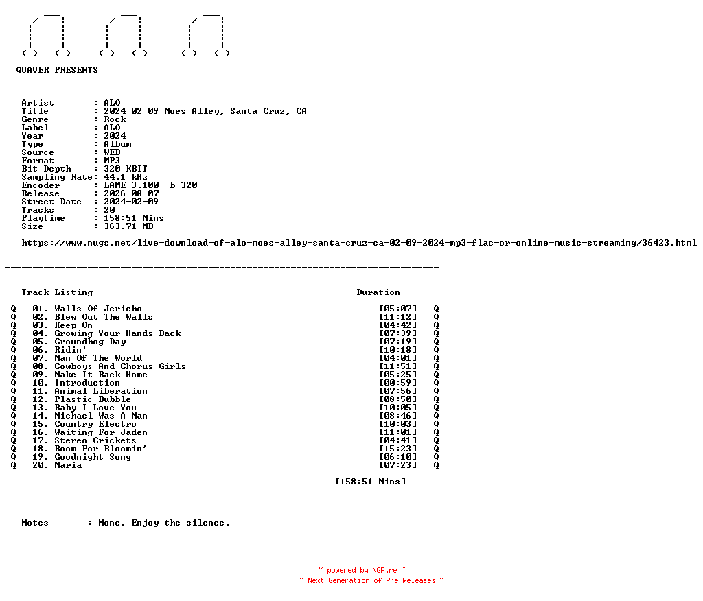 NFO for the release ALO-2024_02_09_Moes_Alley_Santa_Cruz_CA-WEB-2024-QUAVER by QUAVER