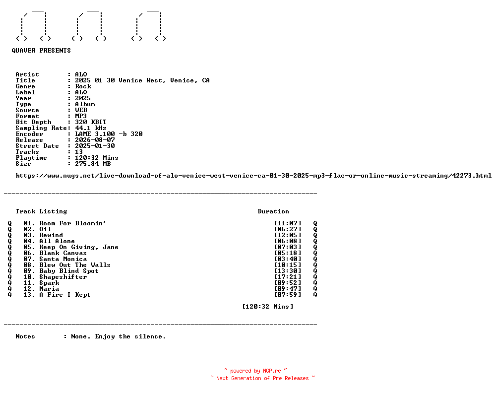NFO for the release ALO-2025_01_30_Venice_West_Venice_CA-WEB-2025-QUAVER by QUAVER