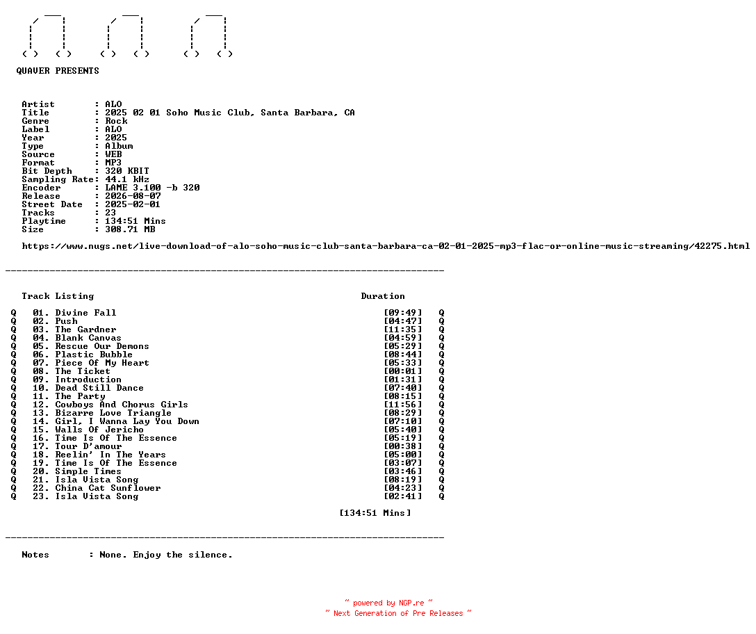 NFO for the release ALO-2025_02_01_Soho_Music_Club_Santa_Barbara_CA-WEB-2025-QUAVER by QUAVER