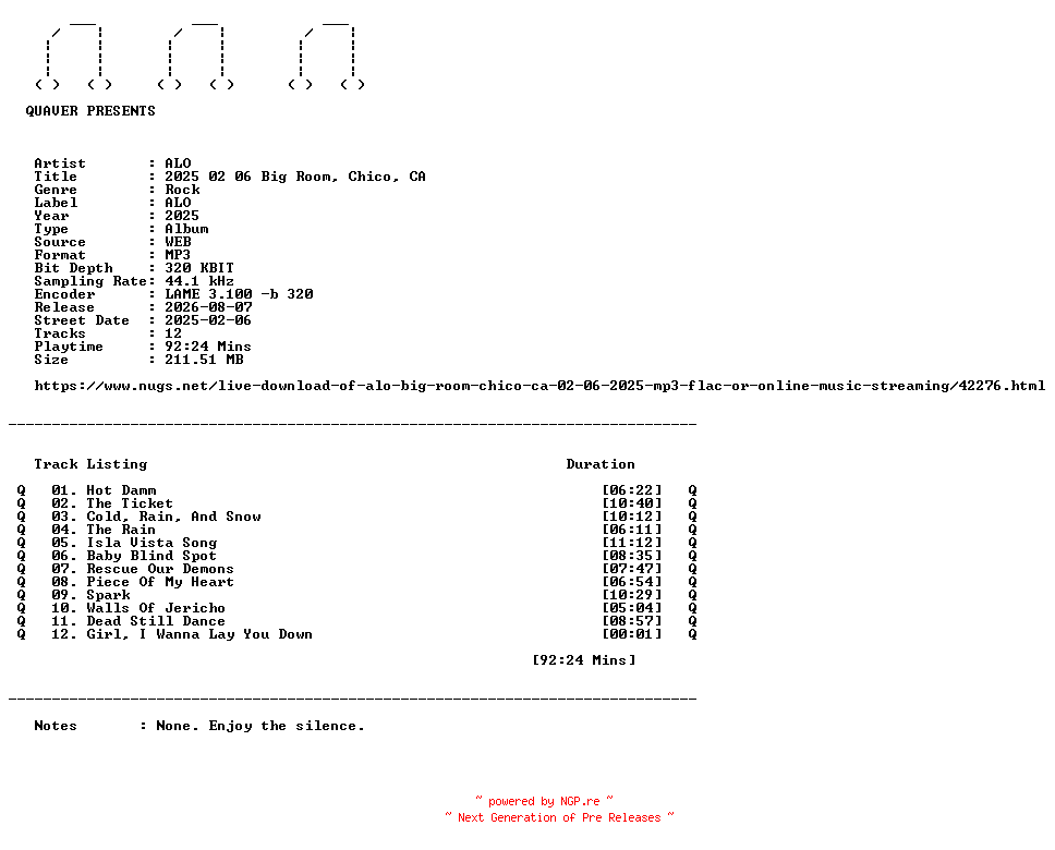 NFO for the release ALO-2025_02_06_Big_Room_Chico_CA-WEB-2025-QUAVER by QUAVER