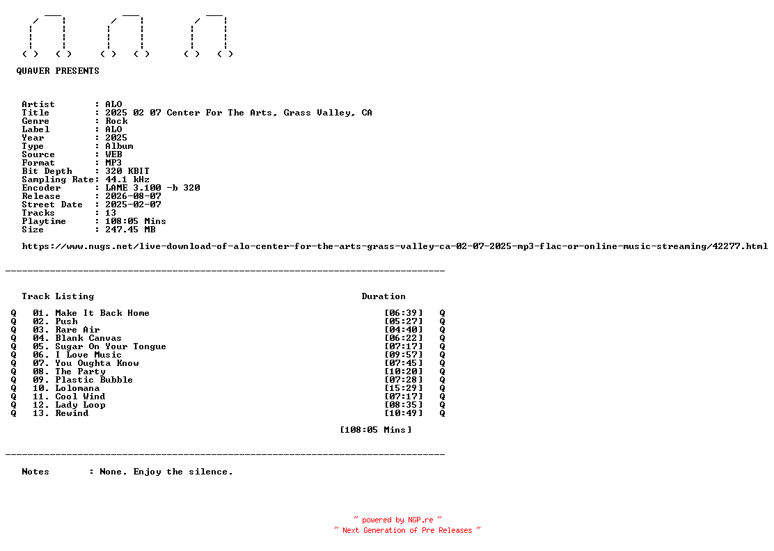 NFO for the release ALO-2025_02_07_Center_For_The_Arts_Grass_Valley_CA-WEB-2025-QUAVER by QUAVER