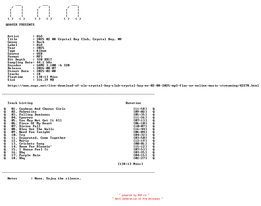 NFO for the release ALO-2025_02_08_Crystal_Bay_Club_Crystal_Bay_NV-WEB-2025-QUAVER by QUAVER