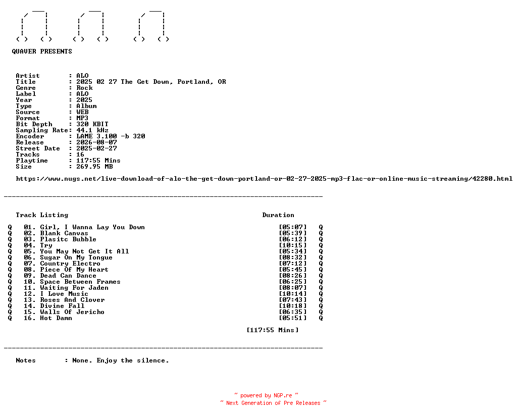 NFO for the release ALO-2025_02_27_The_Get_Down_Portland_OR-WEB-2025-QUAVER by QUAVER