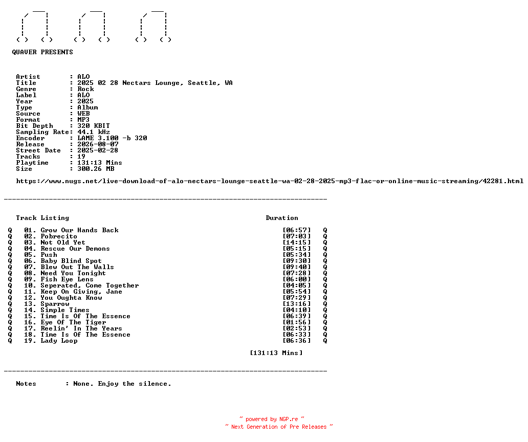 NFO for the release ALO-2025_02_28_Nectars_Lounge_Seattle_WA-WEB-2025-QUAVER by QUAVER