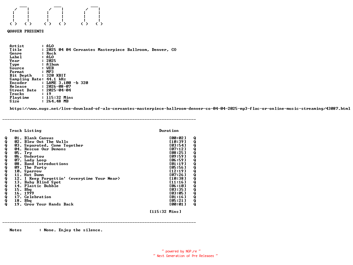 NFO for the release ALO-2025_04_04_Cervantes_Masterpiece_Ballroom_Denver_CO-WEB-2025-QUAVER by QUAVER