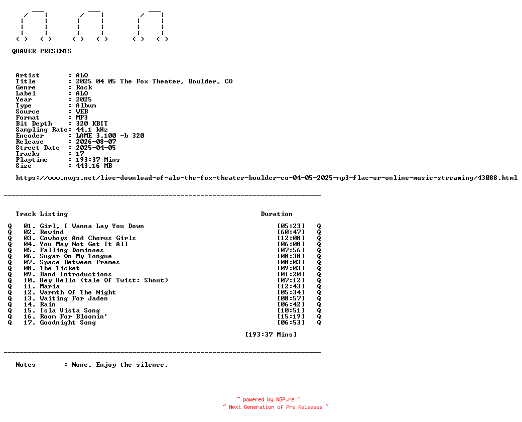 NFO for the release ALO-2025_04_05_The_Fox_Theater_Boulder_CO-WEB-2025-QUAVER by QUAVER