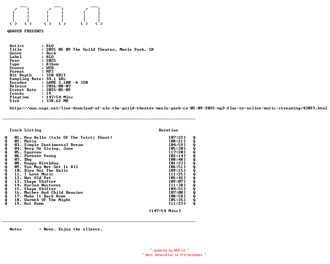 NFO for the release ALO-2025_05_09_The_Guild_Theater_Menlo_Park_CA-WEB-2025-QUAVER by QUAVER