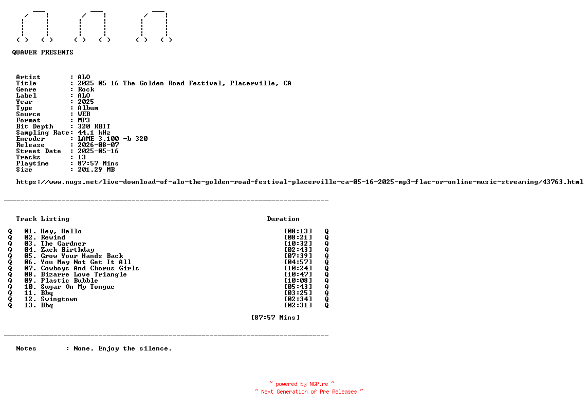NFO for the release ALO-2025_05_16_The_Golden_Road_Festival_Placerville_CA-WEB-2025-QUAVER by QUAVER