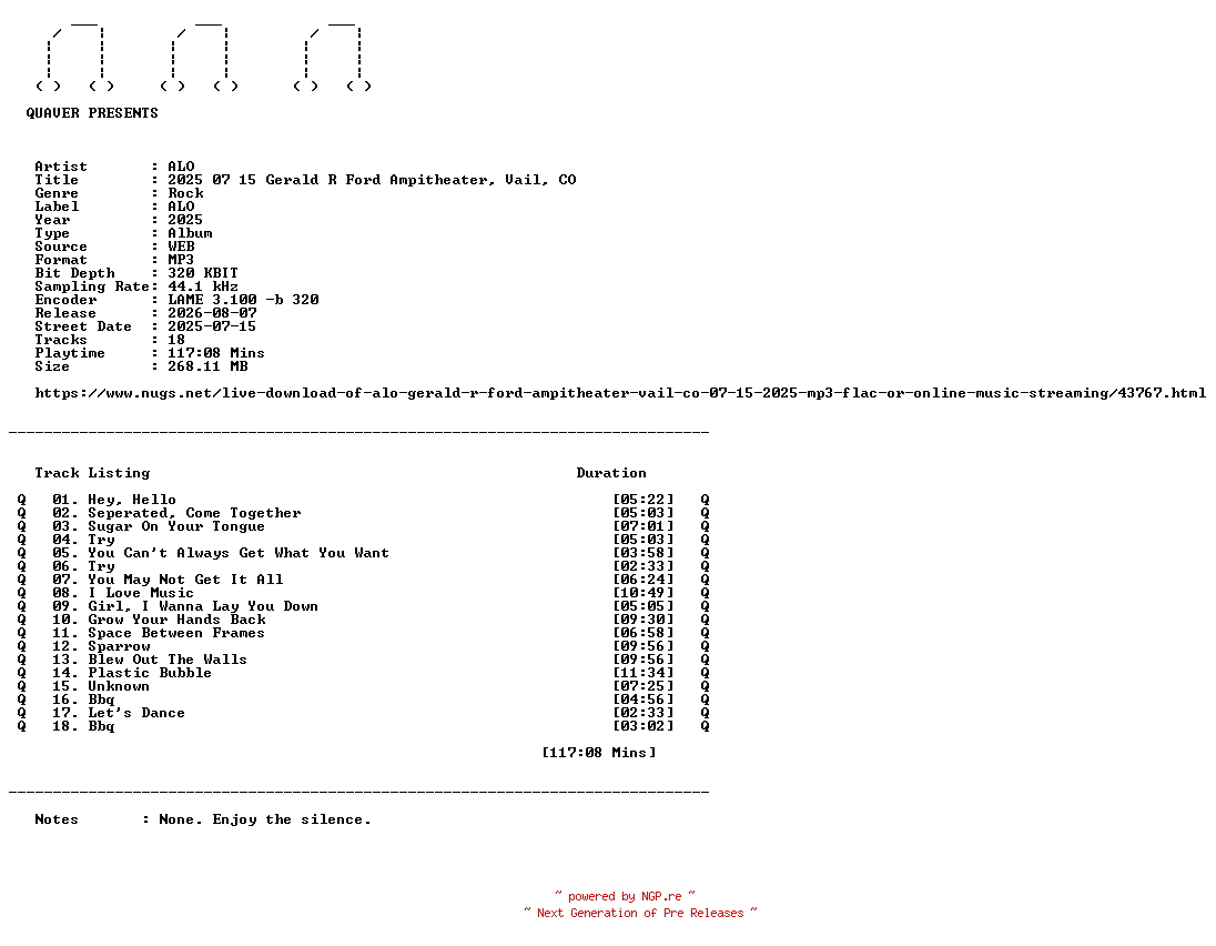 NFO for the release ALO-2025_07_15_Gerald_R_Ford_Ampitheater_Vail_CO-WEB-2025-QUAVER by QUAVER