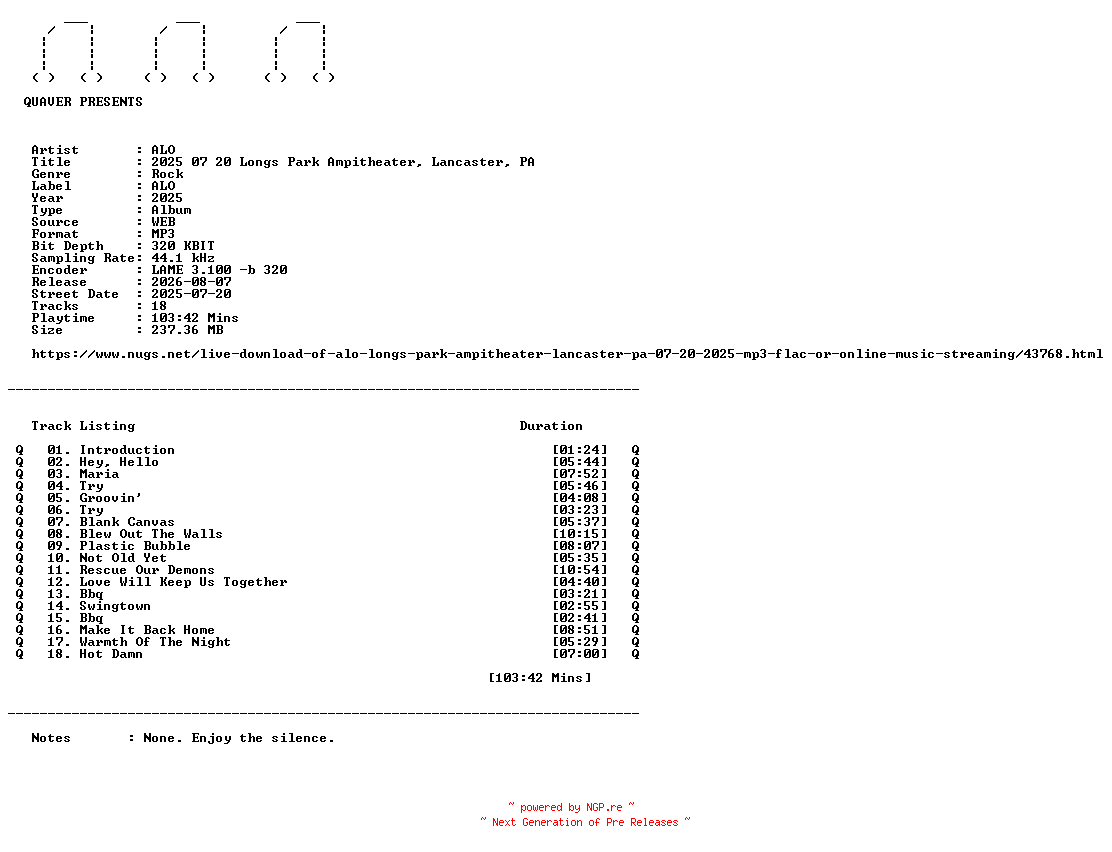 NFO for the release ALO-2025_07_20_Longs_Park_Ampitheater_Lancaster_PA-WEB-2025-QUAVER by QUAVER