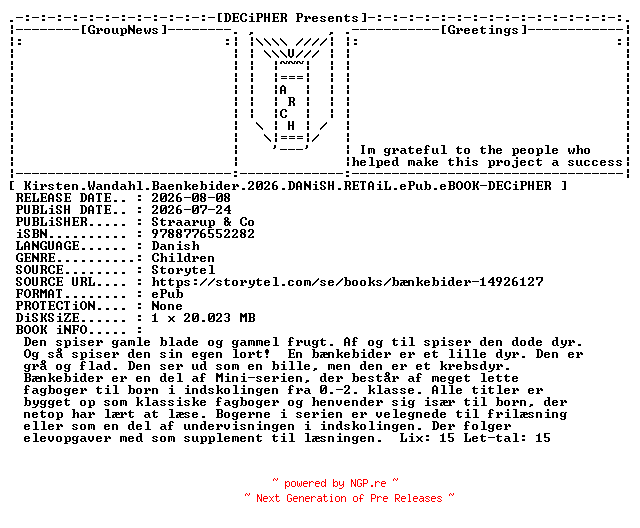 NFO for the release Kirsten.Wandahl.Baenkebider.2026.DANiSH.RETAiL.ePub.eBOOK-DECiPHER by DECiPHER