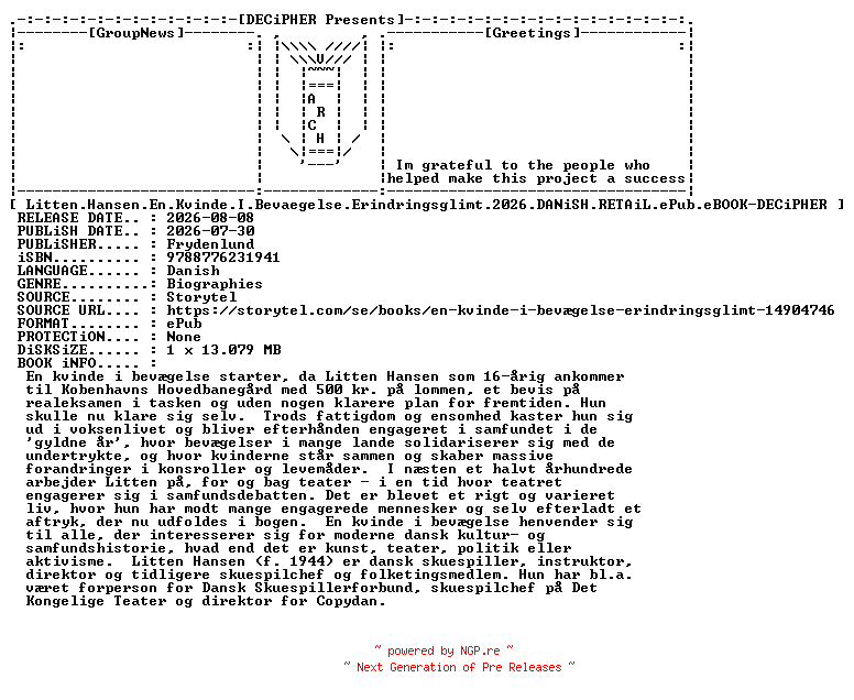 NFO for the release Litten.Hansen.En.Kvinde.I.Bevaegelse.Erindringsglimt.2026.DANiSH.RETAiL.ePub.eBOOK-DECiPHER by DECiPHER