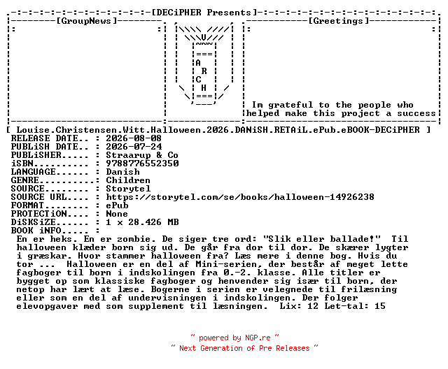 NFO for the release Louise.Christensen.Witt.Halloween.2026.DANiSH.RETAiL.ePub.eBOOK-DECiPHER by DECiPHER