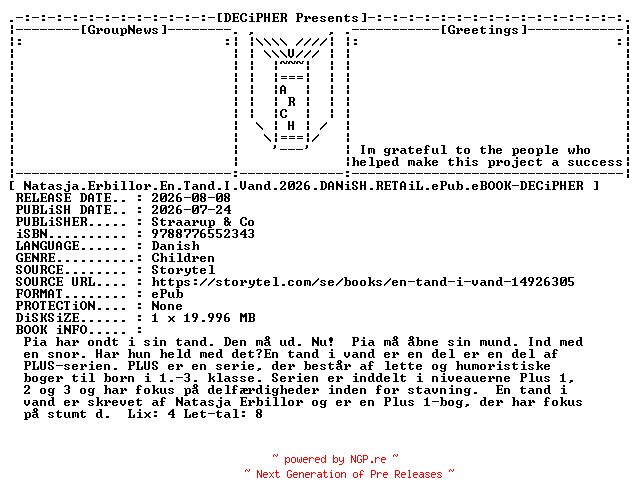 NFO for the release Natasja.Erbillor.En.Tand.I.Vand.2026.DANiSH.RETAiL.ePub.eBOOK-DECiPHER by DECiPHER