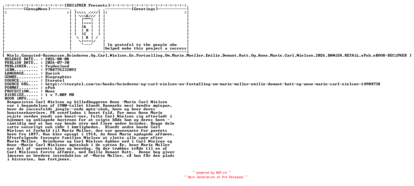 NFO for the release Niels.Gangsted.Rasmussen.Kvinderne.Og.Carl.Nielsen.En.Fortaelling.Om.Marie.Moeller.Emilie.Demant.Hatt.Og.Anne.Marie.Carl.Nielsen.2026.DANiSH.RETAiL.ePub.eBOOK-DECiPHER by DECiPHER