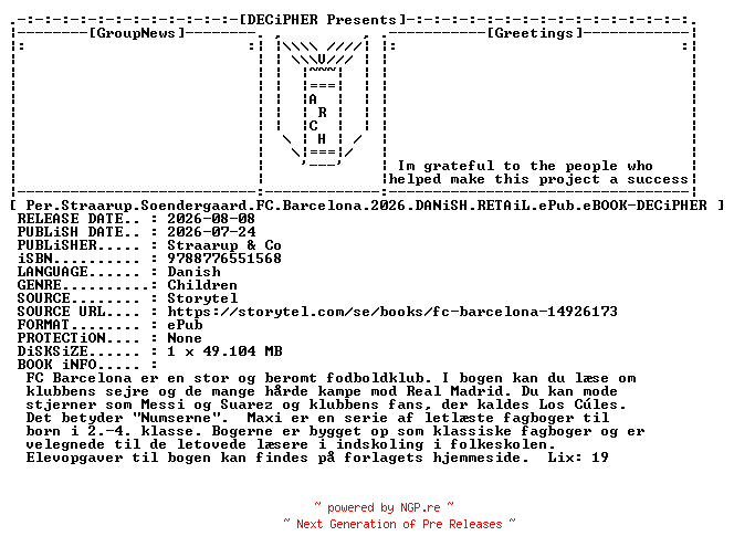 NFO for the release Per.Straarup.Soendergaard.FC.Barcelona.2026.DANiSH.RETAiL.ePub.eBOOK-DECiPHER by DECiPHER