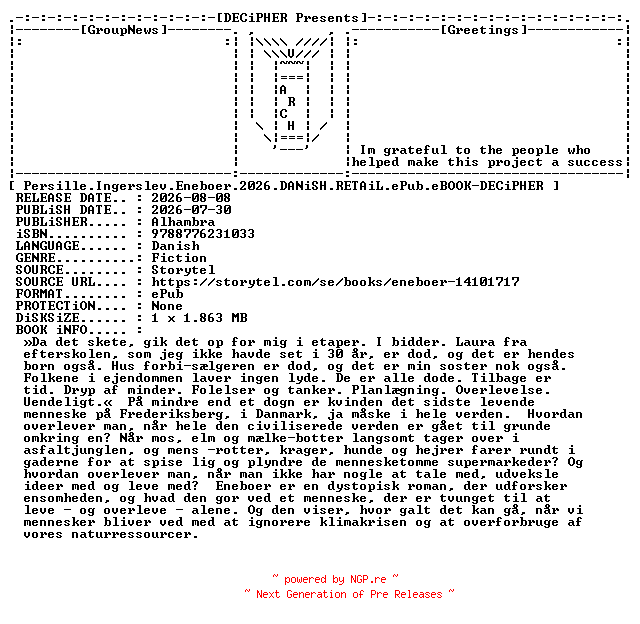 NFO for the release Persille.Ingerslev.Eneboer.2026.DANiSH.RETAiL.ePub.eBOOK-DECiPHER by DECiPHER