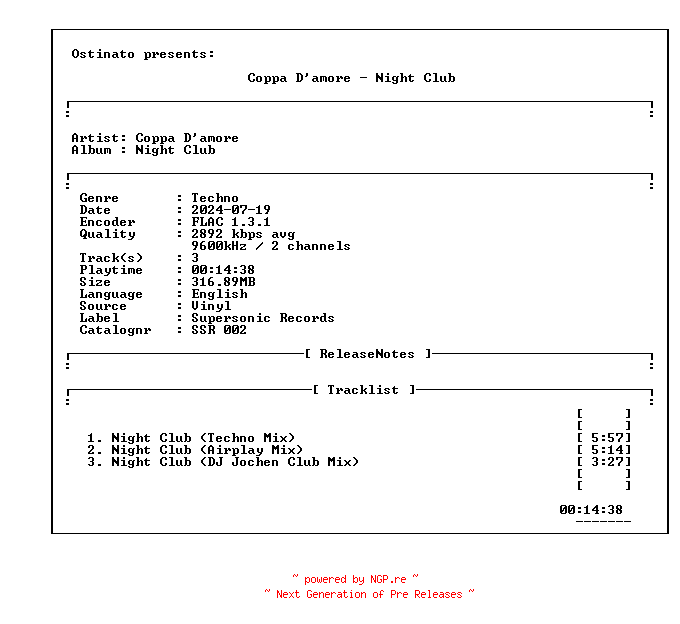 NFO for the release Coppa_Damore-Night_Club-(SSR_002)-VINYL-FLAC-2001-OTT by OTT