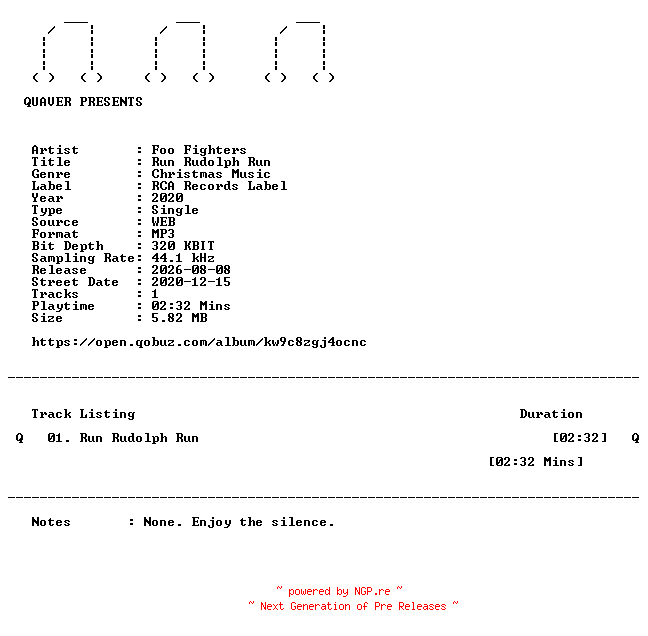 NFO for the release Foo_Fighters-Run_Rudolph_Run-SINGLE-WEB-2020-QUAVER by QUAVER