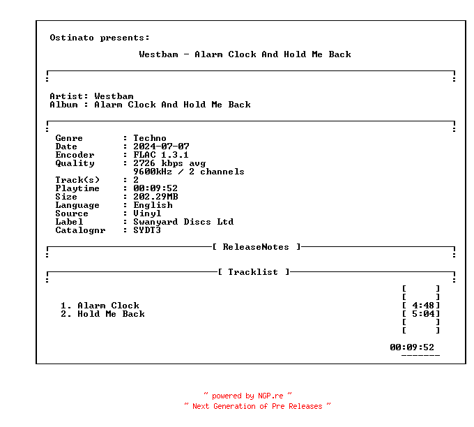NFO for the release Westbam-Alarm_Clock_and_Hold_Me_Back-(SYDT3)-VINYL-FLAC-1990-OTT by OTT