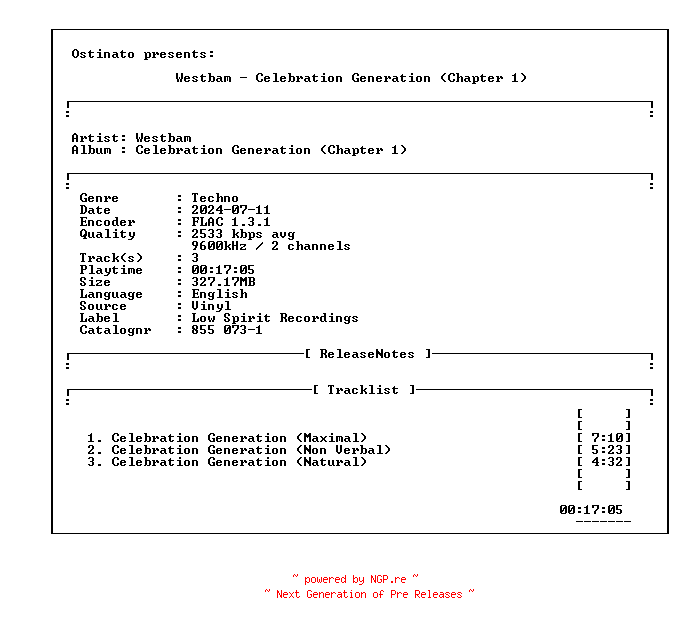NFO for the release Westbam-Celebration_Generation_(Chapter_1)-(855_073-1)-VINYL-FLAC-1993-OTT by OTT