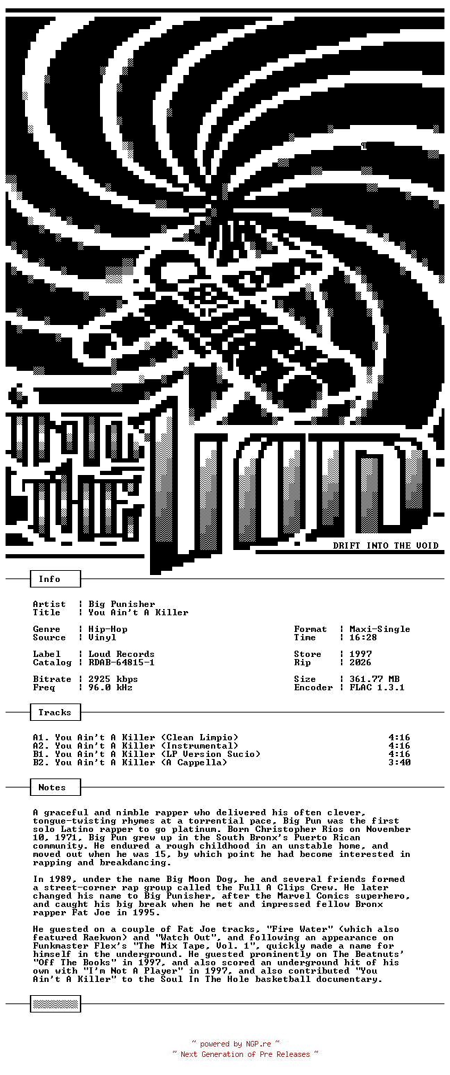 NFO for the release Big_Punisher-You_Aint_A_Killer-Promo-VLS-FLAC-1997-THEVOiD by THEVOiD