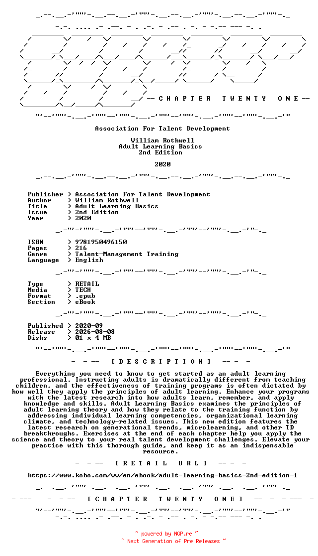 NFO for the release Association.For.Talent.Development.-.Adult.Learning.Basics.2nd.Edition.2020.RETAIL.EPUB.eBook-CTO by CTO
