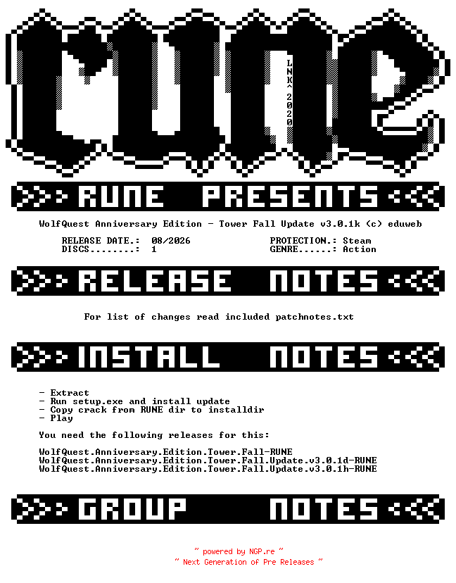 NFO for the release WolfQuest.Anniversary.Edition.Tower.Fall.Update.v3.0.1k-RUNE by RUNE