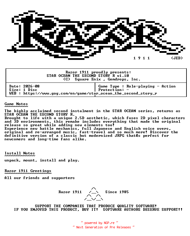 NFO for the release STAR_OCEAN_THE_SECOND_STORY_R_v1.10-Razor1911 by Razor1911