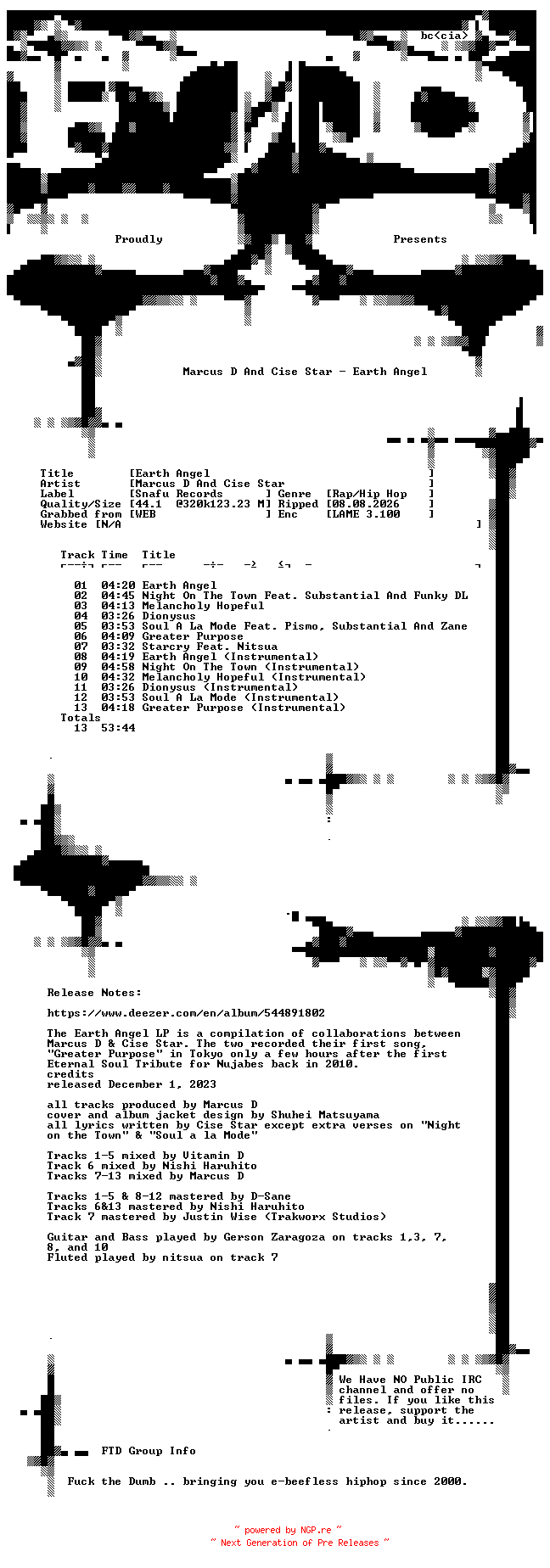 NFO for the release Marcus_D_And_Cise_Star-Earth_Angel-WEB-2024-FTD by FTD