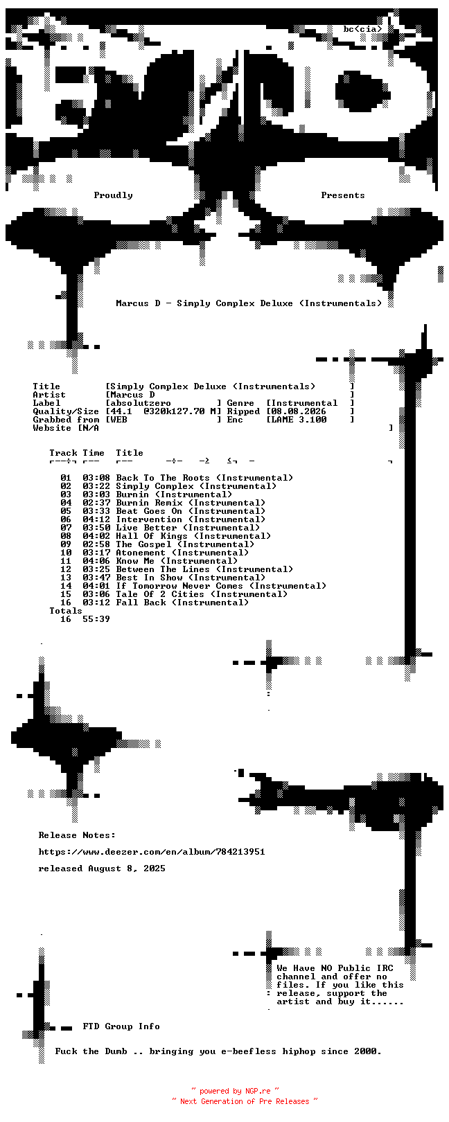 NFO for the release Marcus_D-Simply_Complex_Deluxe_(Instrumentals)-WEB-2025-FTD by FTD