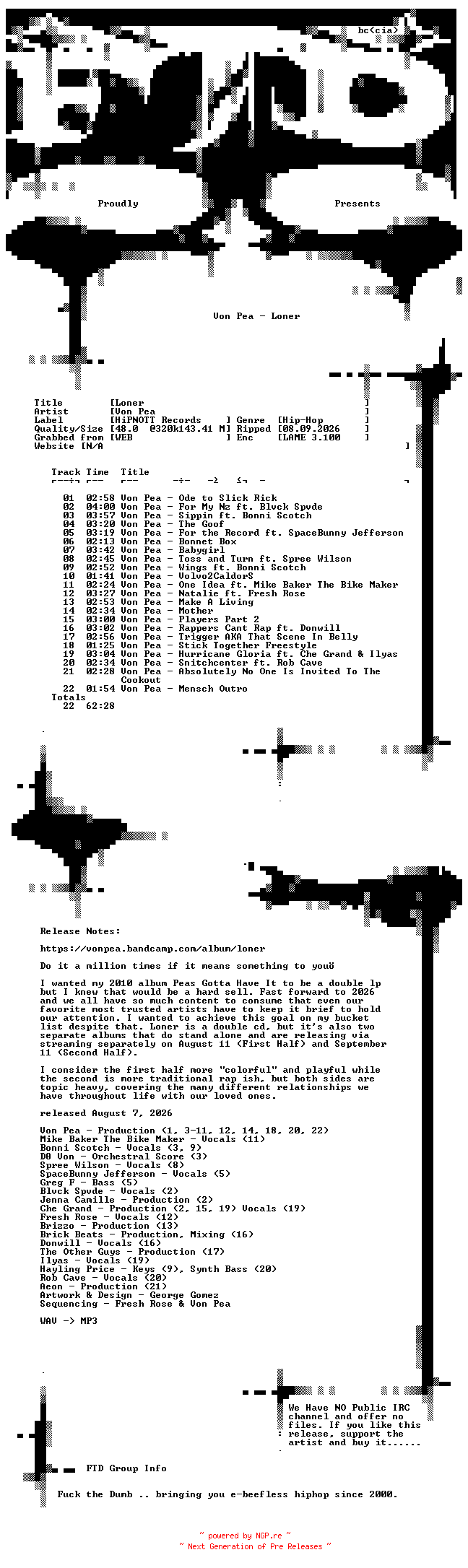 NFO for the release Von_Pea-Loner-WEB-2026-FTD by FTD
