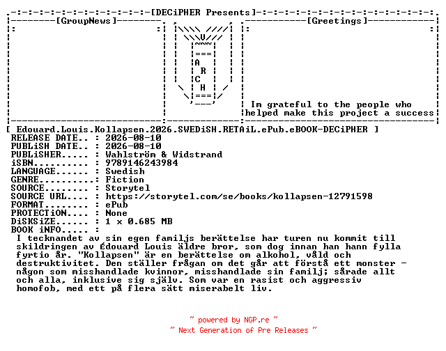 NFO for the release Edouard.Louis.Kollapsen.2026.SWEDiSH.RETAiL.ePub.eBOOK-DECiPHER by DECiPHER